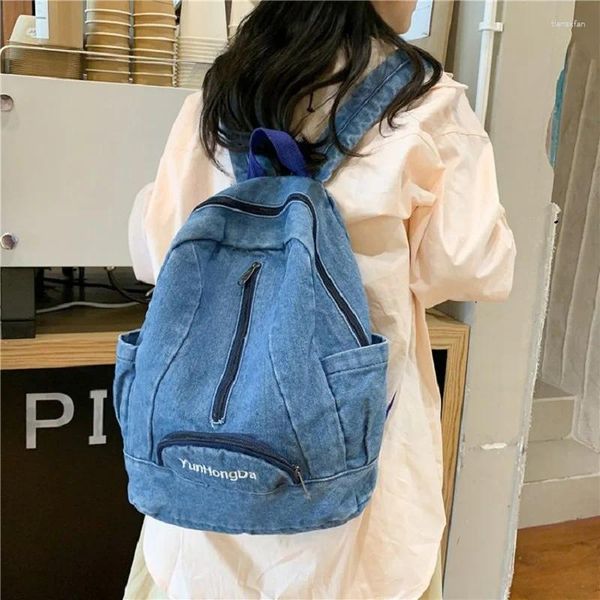 Mochila Retro Bordado Mulheres Coreano Denim College Student Bag Schoolbag High School