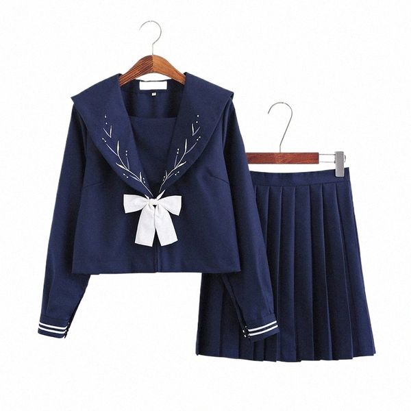 Escola japonesa Dres Navy Blue Sailor Suit com gravata borboleta Cosplay Anime estudantes saia plissada para meninas Jk uniformes traje a2gg #
