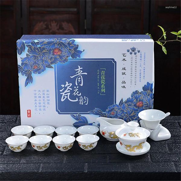 Set da tè 11 Pz/set Set da tè in Cina Gai Wan Maker Tazze da teiera in porcellana blu e bianca Coprismalto Colore Teaset Colino