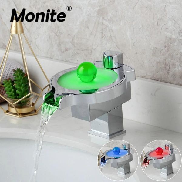 Badezimmer-Waschtischarmaturen Monite LED Wechselbecken Wasserhahn Wassermischbatterie Chrom Messing Wasserfall Nachtperle Steuergriff