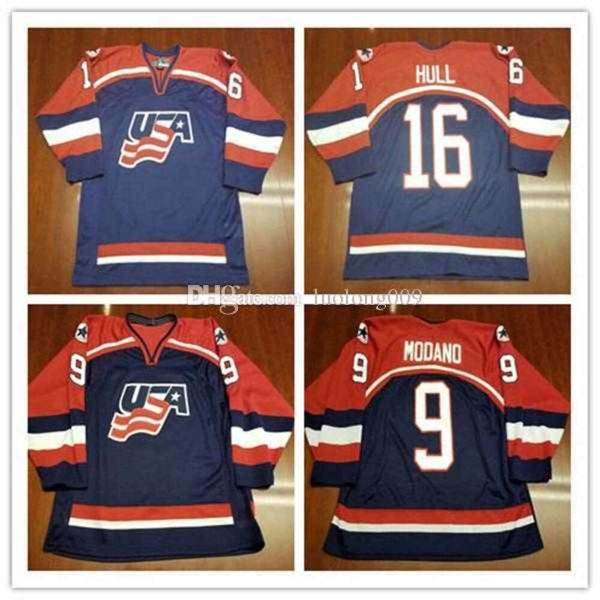 24S Team USA#16 Brett Hull 9 Mike Modano Hockey-Trikot, bestickt, Trikots mit beliebiger Nummer und Namen