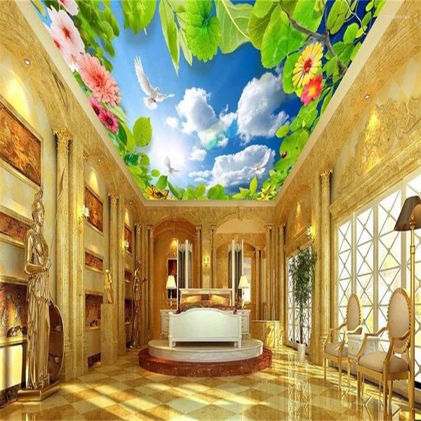 Wallpapers teto 3d papel de parede mural nuvem branca céu azul para sala de estar quarto papéis de parede decoração de casa papel de parede