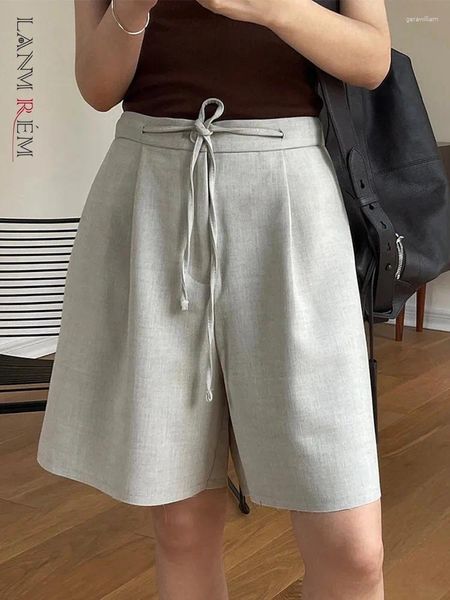 Frauen Shorts LANMREM Kordelzug Design Hohe Taille Für Frauen Grau Gerade Lose Büro Dame Kleidung 2024 Sommer 26D8790