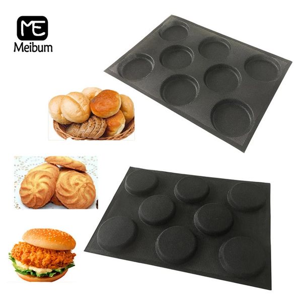 Meibum 8 celle Stampo per pane in silicone nero poroso Stampo per biscotti per hamburger Vassoio a forma rotonda Antiaderente Strumenti per cottura al forno 240325