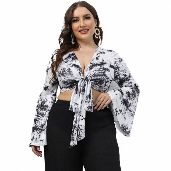 Plus Size Blusa Feminina Fi Tie Dye Print Multi Wear Tops Amarrado V Profundo Manga Queimada Casual T-shirt Curta Tamanho Grande Feminino z0aV #