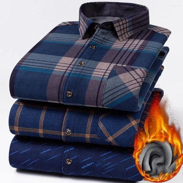 Camisas casuais masculinas quentes homens camisa de lã térmica xadrez impressão cardigan comprimento médio com colarinho solto para queda