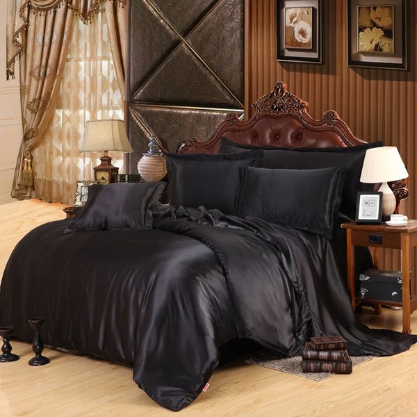 31 cor sólida preto cetim seda luxo legal conjunto de cama para o verão com capa edredão folha plana fronha 240322