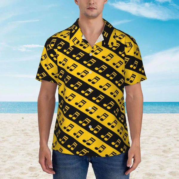 Camicie casual da uomo Note musicali Camicia hawaiana Camicette oversize retrò dal design elegante da spiaggia da uomo, nere, a righe gialle, a maniche corte