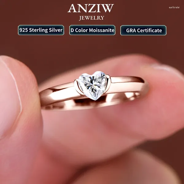 Anéis de cluster Anziw Rose Gold Cor 0.5ct em forma de coração Moissanite Solitaire Anel de Noivado Prata 925 para Mulheres Promessa Bandas de Casamento