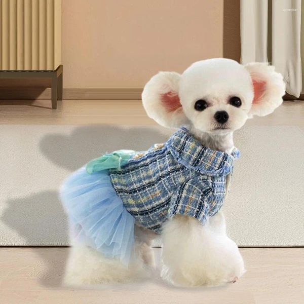 Abbigliamento per cani Abito invernale Colletto per bambola in pizzo Cuciture a rete Bowknot Gonna per cucciolo di gatto Design con bottoni a bavero a due gambe Simpatici vestiti per animali domestici