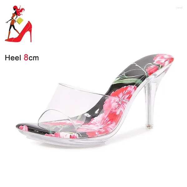 Slippers Crystal Transparent Heel Fashion Slides Sapatos femininos 2024 Summer Perspex High Heels 8 cm ao ar livre Sandals claros mulas