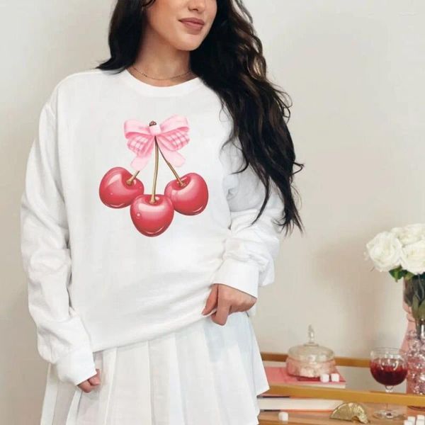 Damen Hoodies Pink Bow Cherries Ästhetisches Sweatshirt Cherry Comfort Colors Pullover Entzückendes Mädchen-Ära-Coquette-Band-Top