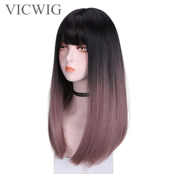 Wigs Viciwg Mulheres longas Cabelos sintéticos gradiente preto Rattan feminina de rattan feminina com franja