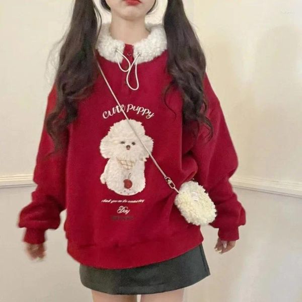 Hoodies femininos moda kawaii filhote de cachorro impressão feminina harajuku streetwear doce peludo botão até pescoço moletom estilo preppy pulôver topos