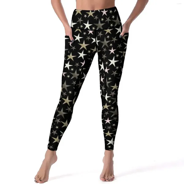 Leggings femininas estrela brilhante sexy preto prata brilhante estrelas imprimir cintura alta calças de yoga casual elástico leggins feminino personalizado