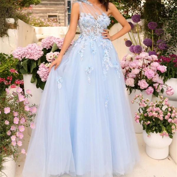 Abiti da festa Elegante scollatura asimmetrica illusione scintillante tulle A-Line abito da ballo 3D applique floreale abiti lunghi per le donne