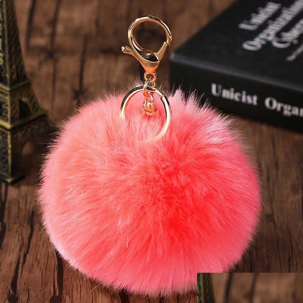 Schlüsselanhänger Lanyards 1 stücke 10 cm Gefälschte Pelz Pom Tasche Schlüsselbund Pompom Auto Schlüsselring Gold Farbe Ketten Pompons Fuchs Kaninchen charms Schlüssel L230314 D DHA0K