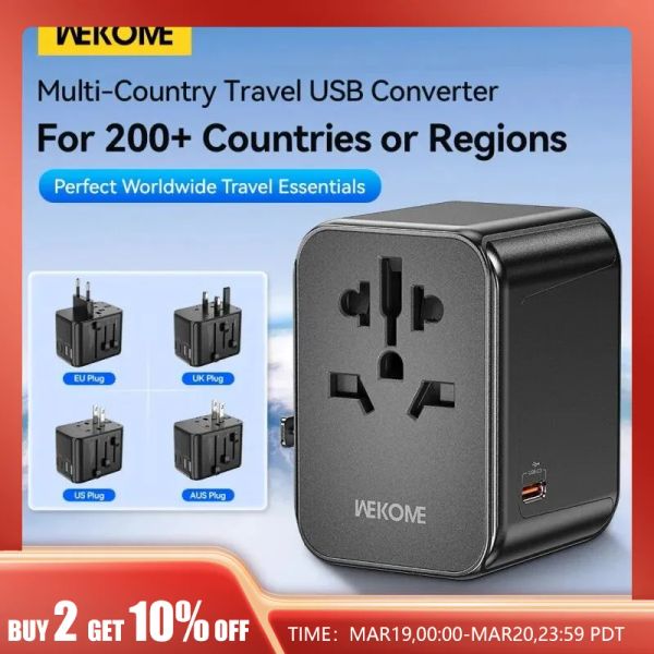 Wekome Universal Travel Adapter com 2 portas USB e 3 portas Tipo C Combinador de adaptador de viagens para 224 países uk plug da UE nos EUA