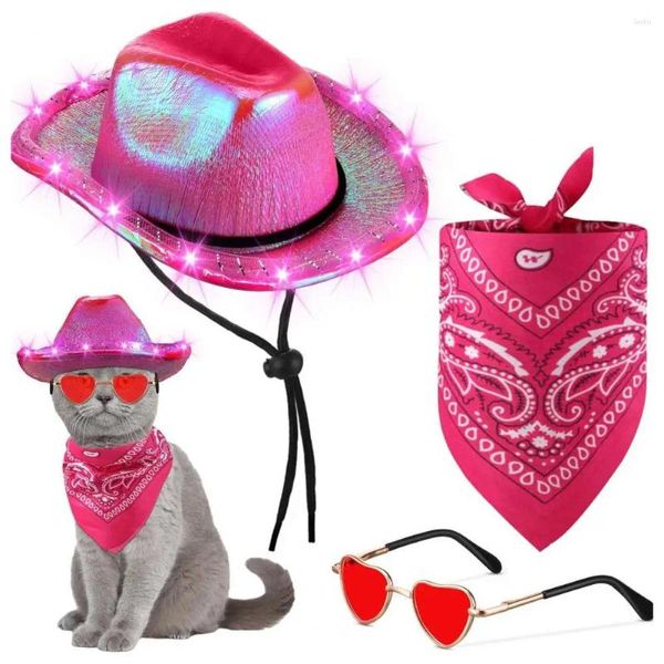 Abbigliamento per cani Set di costumi da cowboy per animali domestici in stile occidentale con occhiali con lenti a forma di cuore a forma di cappello a luce LED per gatti