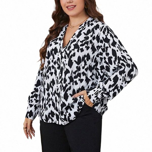 Plus Size Preto Branco Leopardo Imprimir Blusa 4XL Mulheres Vintage Lg Manga V Neck Camisas Casuais Blusas Oversize Blusas Soltas Tops g4zq #