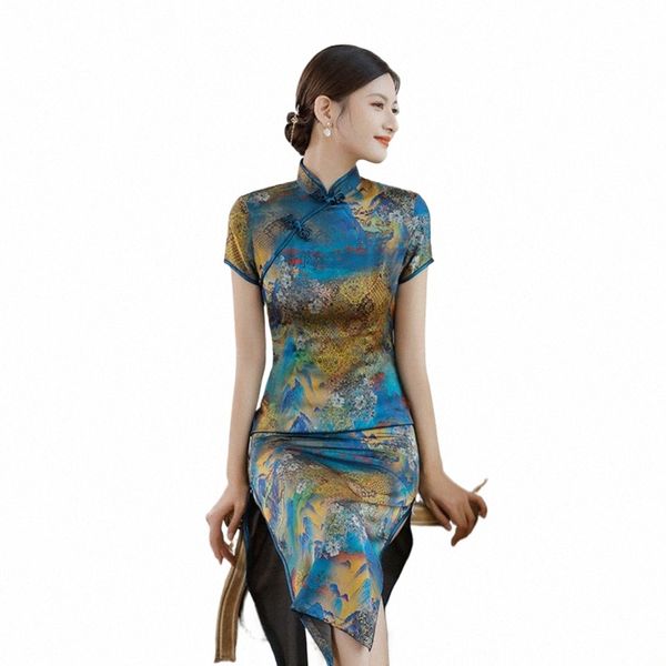 Новинка 2024 года, летняя шелковая атласная юбка LG с короткими рукавами для молодых, традиционная китайская одежда, женская тонкая юбка Chegsam Qipao, оптовая продажа w75Y #