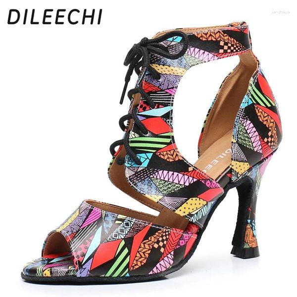 Sapatos de dança dileechi colorido couro latina mulheres cintas botas altas salsa salão dança cuba calcanhar 9cm chegada