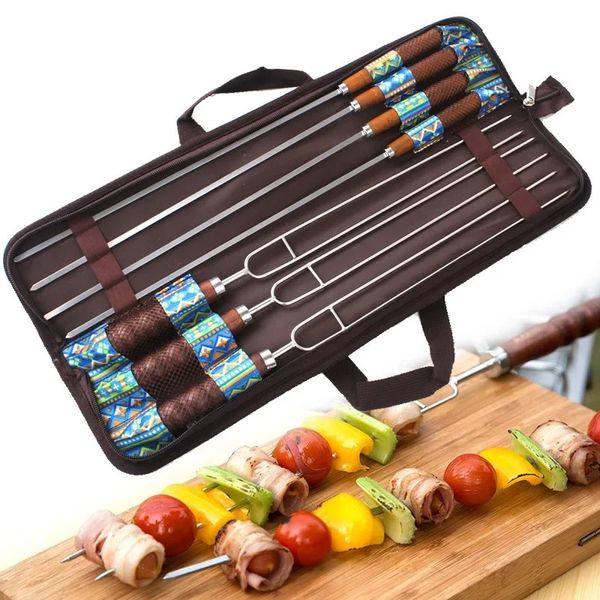 7 pçs/set espetos de churrasco de aço inoxidável ao ar livre portátil agulha/varas garfo conjunto alça madeira ferramentas piquenique