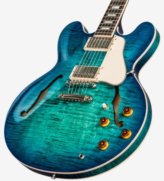 2018 Memphis 335 Semi Hollow Figured Aquamarine Jazz E-Gitarre Flame Maple Top Side Back Little Pin ABR1 Bridge Block6487276