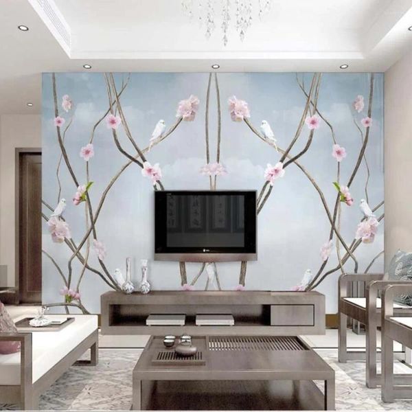 Wallpapers 3d murais árvore ramo flor de pêssego flor pombo mural papel de parede impresso pintura po papel lona papéis