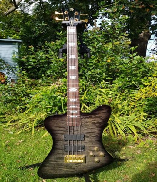 Nikki Sixx Spector Legend 4X Classic Spectorbird E-Bass, Decke aus schwarzem gestepptem Ahorn, Gold-Hardware-Kroneneinlage 1552536