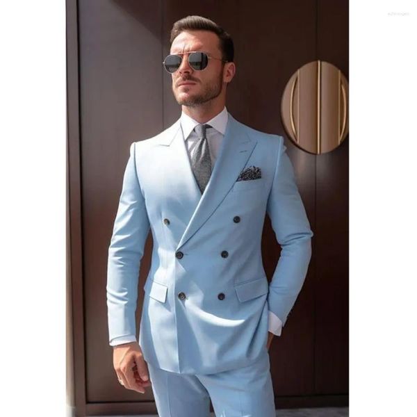 Ternos masculinos verão céu azul homens duas peças cavalheiro noivo casamento smoking moda inteligente casual escritório masculino terno fino (jaqueta calças)