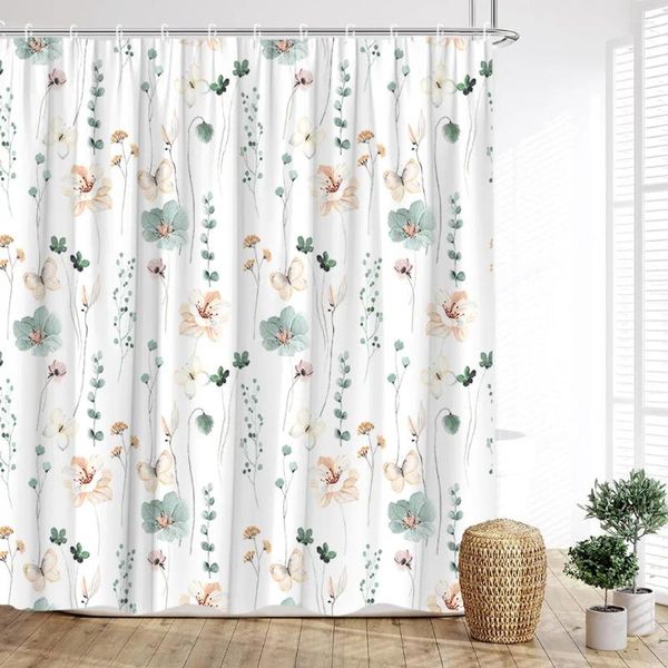 Cortinas de chuveiro aquarela flor cortina moderna primavera folhas verdes botânico simples fazenda impressão casa decoração do banheiro com ganchos