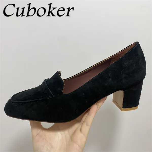 Sandálias 2024 Primavera Verão Mulheres Causais Sapatos Metal Decor Kid-Camurça Bombas Chunky Heels Loafer Square Toe Mujer