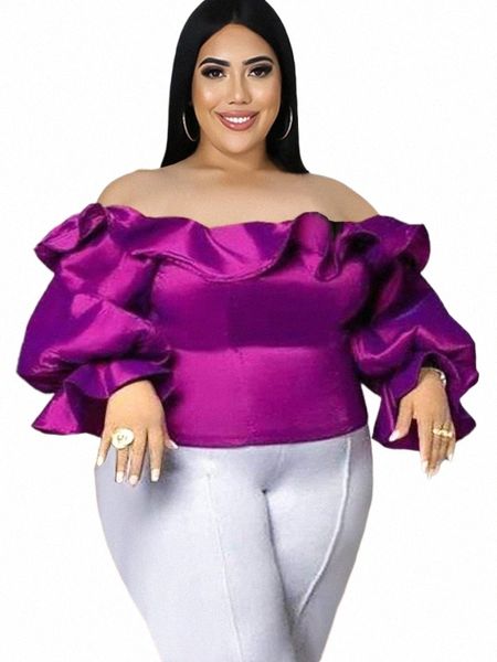 Блузка с открытыми плечами плюс размер с оборками Lg с расклешенными рукавами Блестящие фиолетовые топы Вечерняя вечеринка Коктейль-клубная одежда Рубашки Блузки 4XL o4zU#