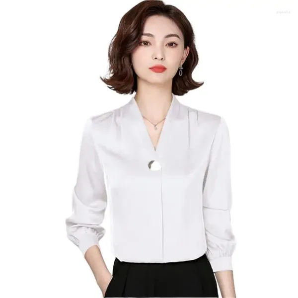 Frauen Blusen V-ausschnitt Satin Langarm Shirts Frauen Schlank Büro Damen Formale Arbeit Tops Blusas De Mujer Bonitas Y baratas