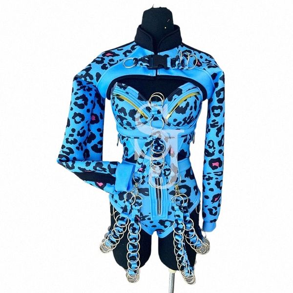 Sexy Gogo Roupas de Dança Pole Dance Costume Mulheres Blue Leopard Chain Bodysuit Rave Outfit Dj Ds Stage Performance Wear XS6464 N1Et #