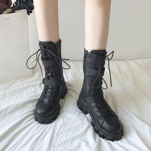 Boots Biker Ayakkabı Dantelli Ayakkabı Dantelli Kadınlar İçin Yarım Yüksek Bayanlar Siyah Orta Buzağı Şık ve Zarif Konforlu Goth Satış