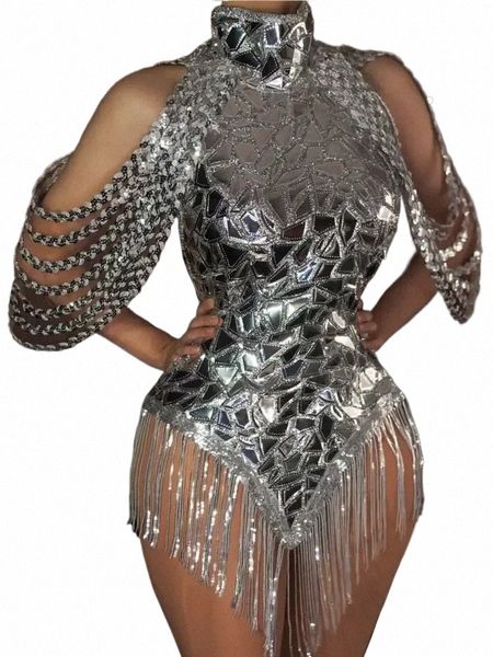 rhineste Sparkly Sier Paillettes Body Bling Compleanno Cantante Stage Wear Ballo sexy Frange Body Costume w602 #