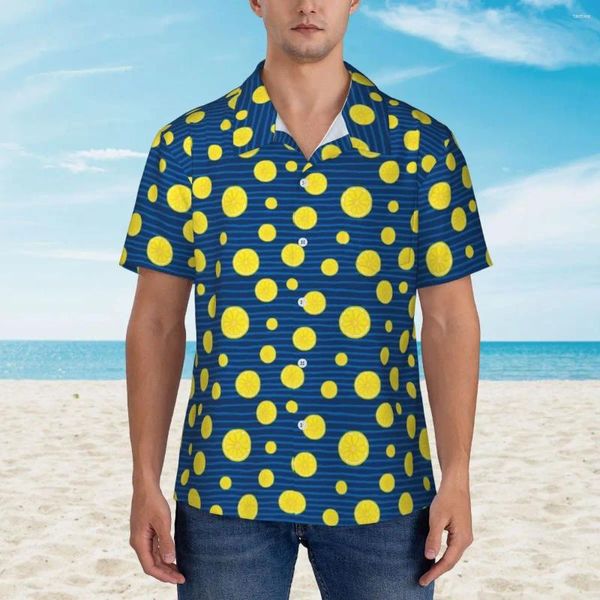 Freizeithemden für Herren, Zitronenscheiben, Urlaubshemd, Herren-Hemd mit blauen Streifen, Hawaii-Kurzarm, bedruckt, Vintage, übergroße Blusen, Geschenk