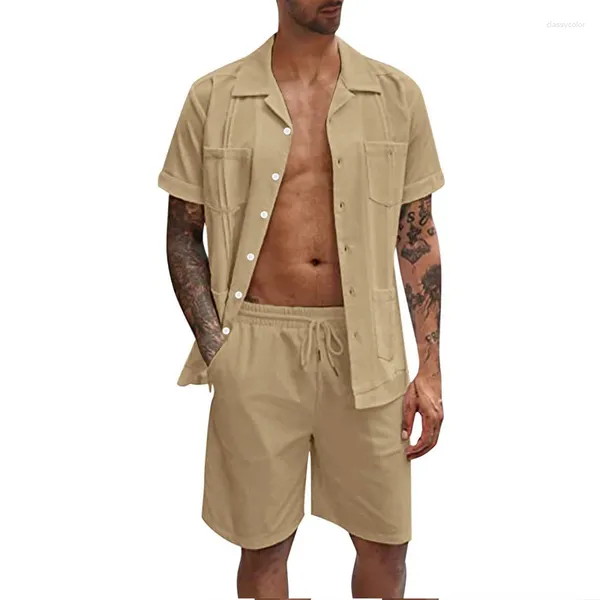 Homens Tracksuits Casual Sólido Algodão Linho Tow Piece Tracksuit Homens Roupas Praia Solta Outfits Verão Lapela Botão Camisas Drawstring Shorts