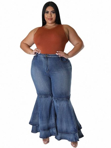 Большие размеры Джинсы Женские повседневные расклешенные брюки с высокой талией Нижняя часть с рюшами по подолу Fi Джинсовая уличная одежда оптом Dropshp D804 #
