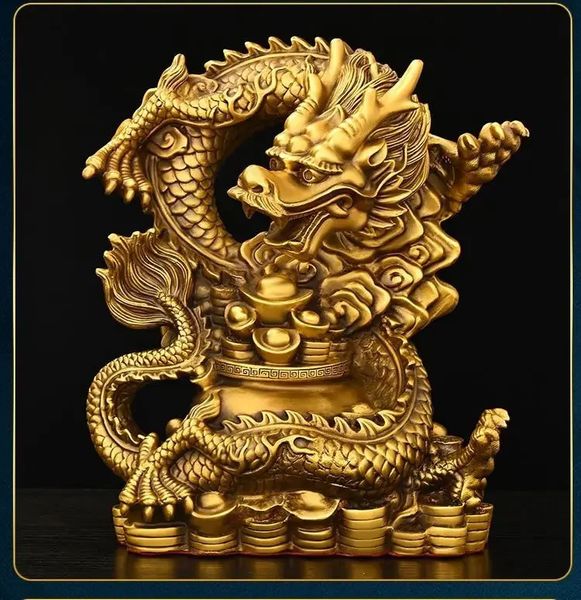 Chinês cobre puro fengshui animal dragão ornamentos tigela de tesouro zodíaco casa estátuas decorações 240325