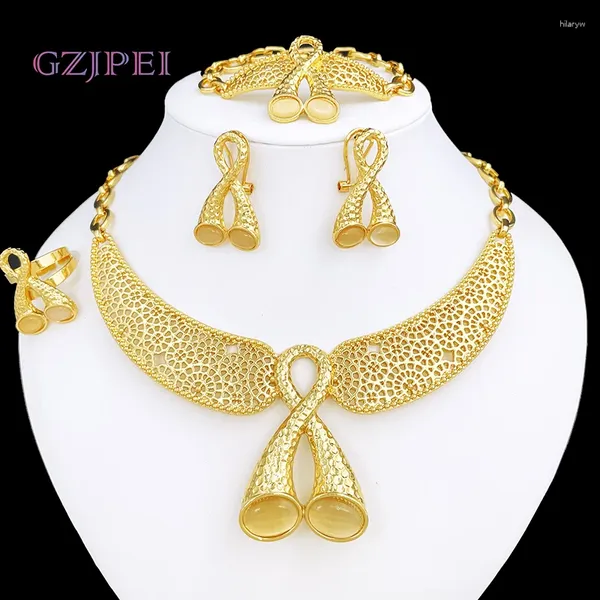 Colar brincos conjunto elegante feminino jóias dubai cor de ouro 18k banhado brinco anel pulseira uso diário