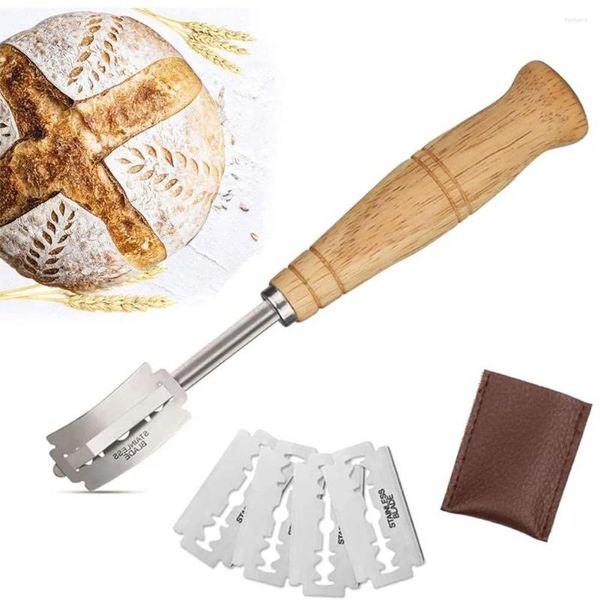 Ferramentas de cozimento cortador de pão com 5 lâminas de reposição 1 estojo de couro 304 faca de aço inoxidável profissional cabo de madeira