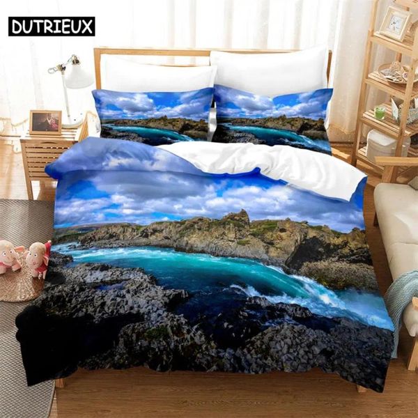 Yatak Setleri 3pcs Blue Sky Mountains ve Clear Waters Home Bedclothes Super King Cover Yastık Kılıfı Yorgan Tekstil Seti