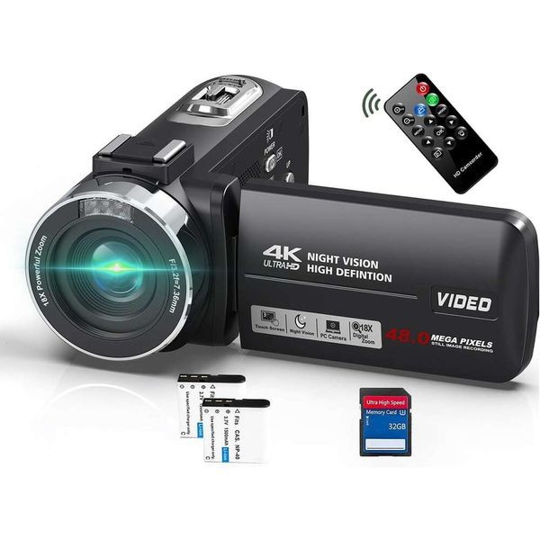 Videocamera 4K con 48 MP, 30 FPS, visione notturna IR, zoom digitale 18X, touch screen da 30 litri, fotocamera per vlogging per YouTube con telecomando e 2 batterie