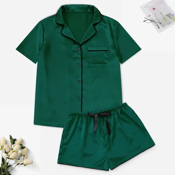 Casa roupas femininas manga curta shorts pijamas conjunto primavera verão cetim sleepwer pijamas terno solto sólido verde wear loungewear