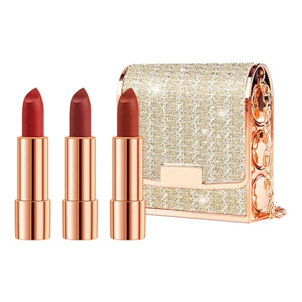 Set di rossetti opachi Stick per labbra in 3 colori con confezione di borsa a catena in nastro Rossetto in velluto Confezione regalo Etichetta privata Make Up 3.5gx3