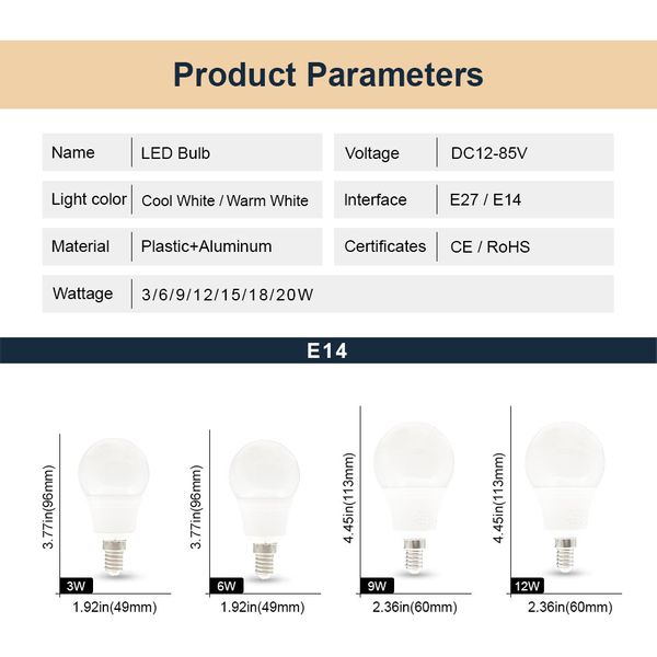 Lâmpadas de lâmpadas de LED 12V-85V E27 AC220V 120V 110V DC12V 24V 36V 85V 3W 6W 9W 12W 15W 18W LAMPADA BOMADA TABLA LUZ