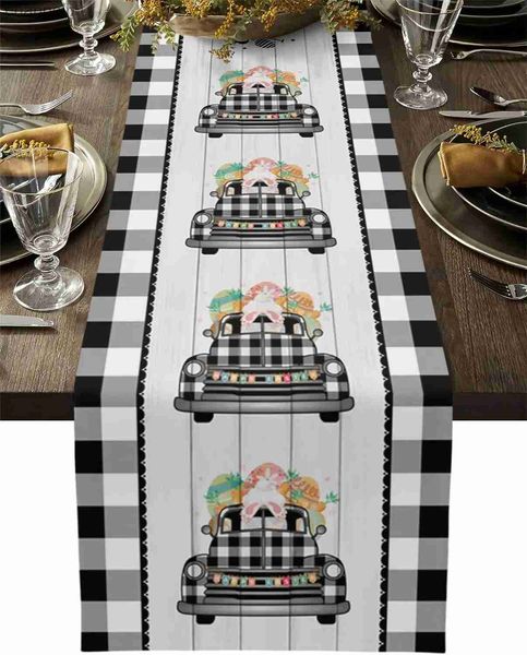 Runner da tavolo Pasqua tela da toeletta Sciarpe Farm Bunny Tail Nero Bianco Buffalo Lattice Truck Home Decor per Cucina Sala da pranzo yq240330